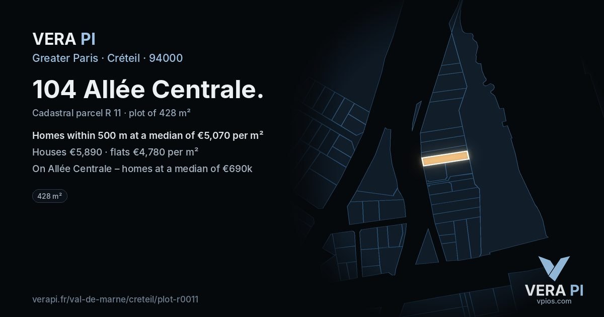 104 Allée Centrale, Créteil at night – the plot lit, the parcels around coloured by the prices near them