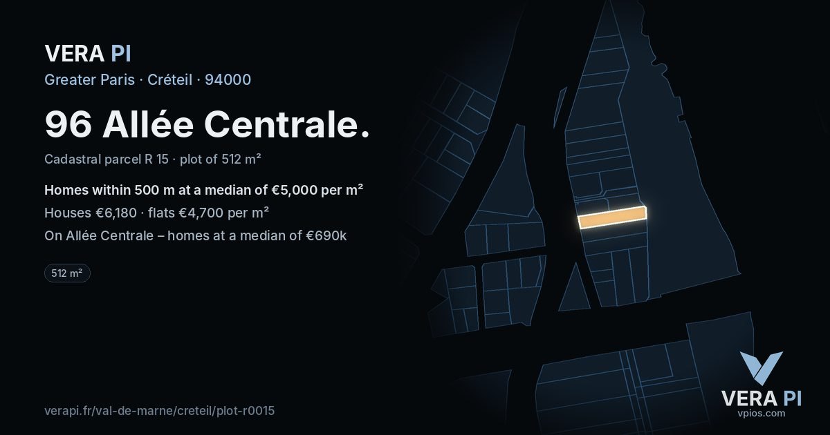 96 Allée Centrale, Créteil at night – the plot lit, the parcels around coloured by the prices near them