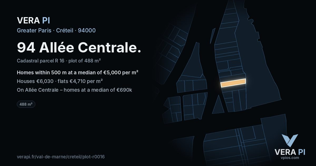 94 Allée Centrale, Créteil at night – the plot lit, the parcels around coloured by the prices near them