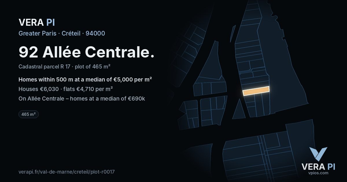 92 Allée Centrale, Créteil at night – the plot lit, the parcels around coloured by the prices near them