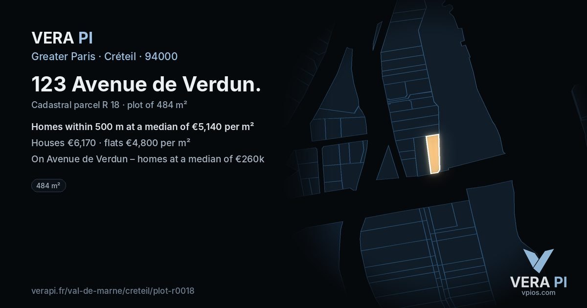 123 Avenue de Verdun, Créteil at night – the plot lit, the parcels around coloured by the prices near them