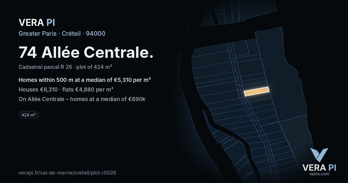 74 Allée Centrale, Créteil at night – the plot lit, the parcels around coloured by the prices near them
