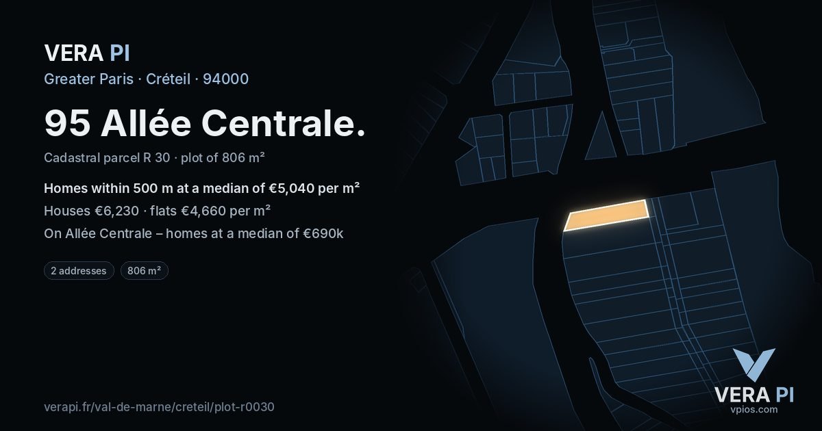 95 Allée Centrale, Créteil at night – the plot lit, the parcels around coloured by the prices near them