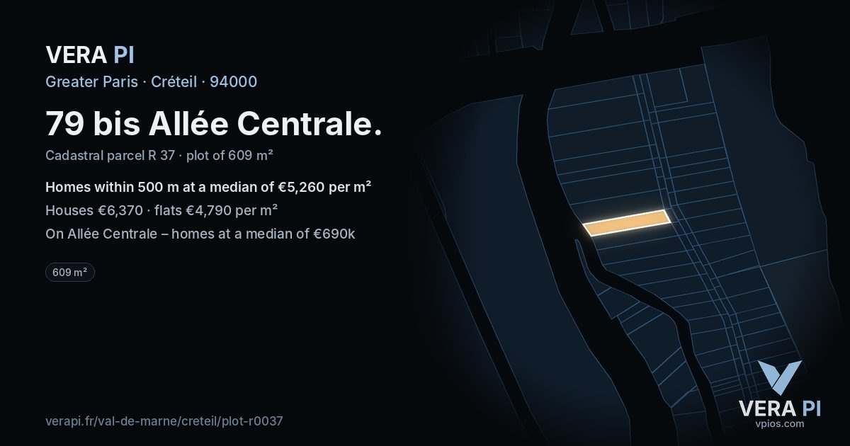 79 bis Allée Centrale, Créteil at night – the plot lit, the parcels around coloured by the prices near them