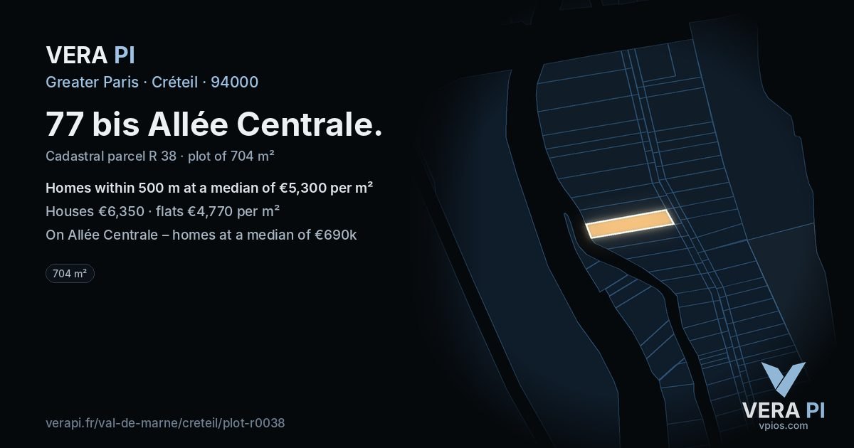 77 bis Allée Centrale, Créteil at night – the plot lit, the parcels around coloured by the prices near them