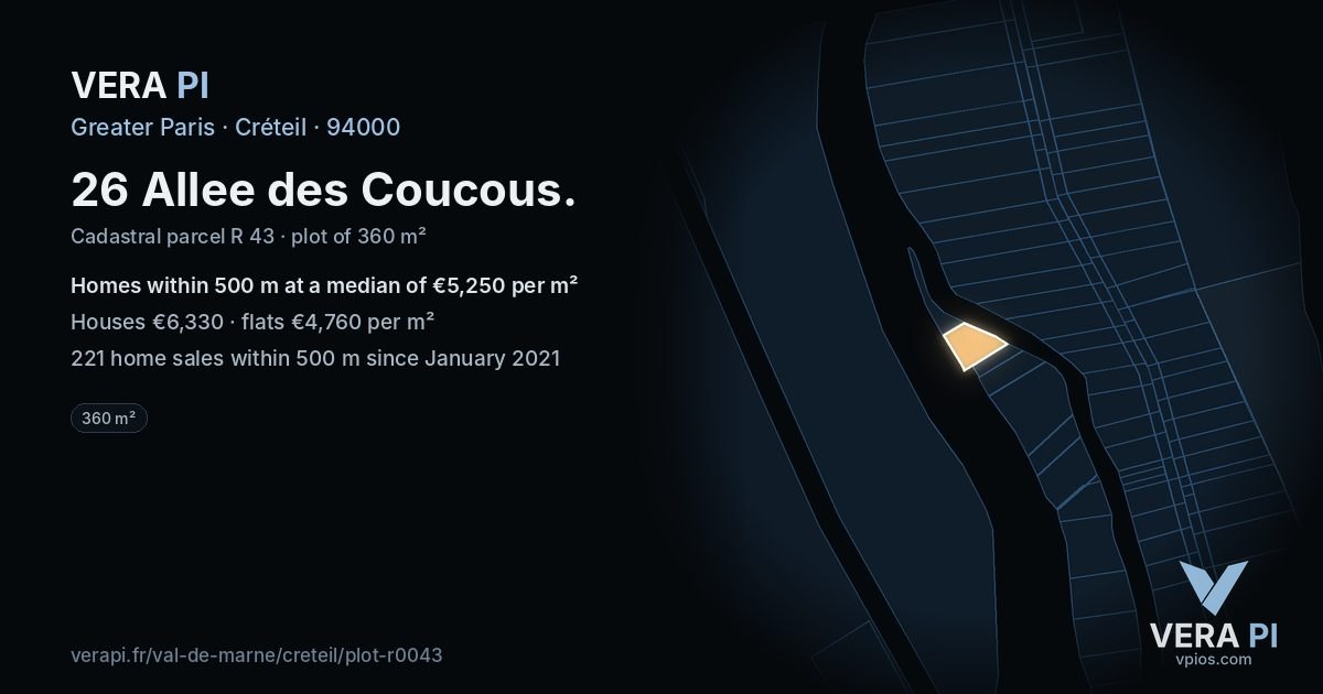 26 Allee des Coucous, Créteil at night – the plot lit, the parcels around coloured by the prices near them