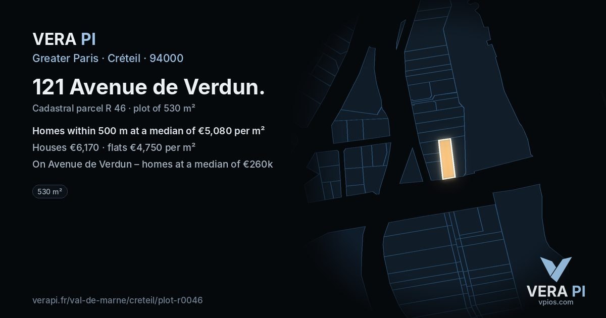 121 Avenue de Verdun, Créteil at night – the plot lit, the parcels around coloured by the prices near them