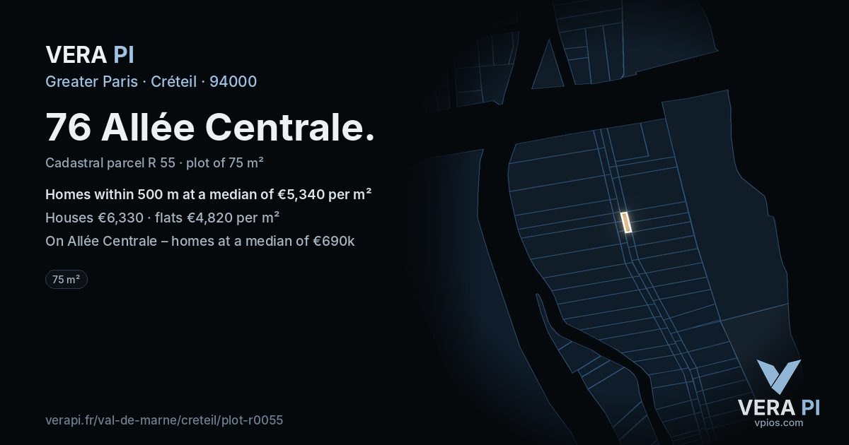 76 Allée Centrale, Créteil at night – the plot lit, the parcels around coloured by the prices near them