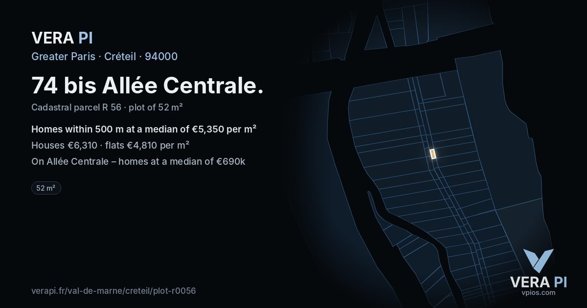 74 bis Allée Centrale, Créteil at night – the plot lit, the parcels around coloured by the prices near them