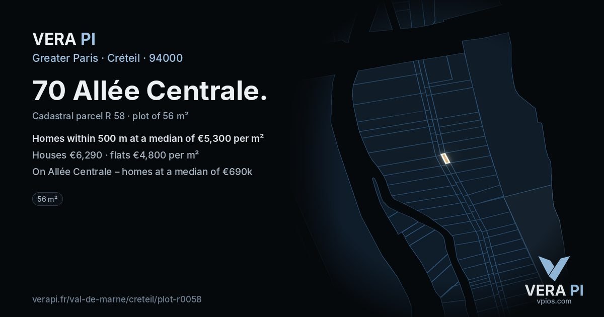 70 Allée Centrale, Créteil at night – the plot lit, the parcels around coloured by the prices near them