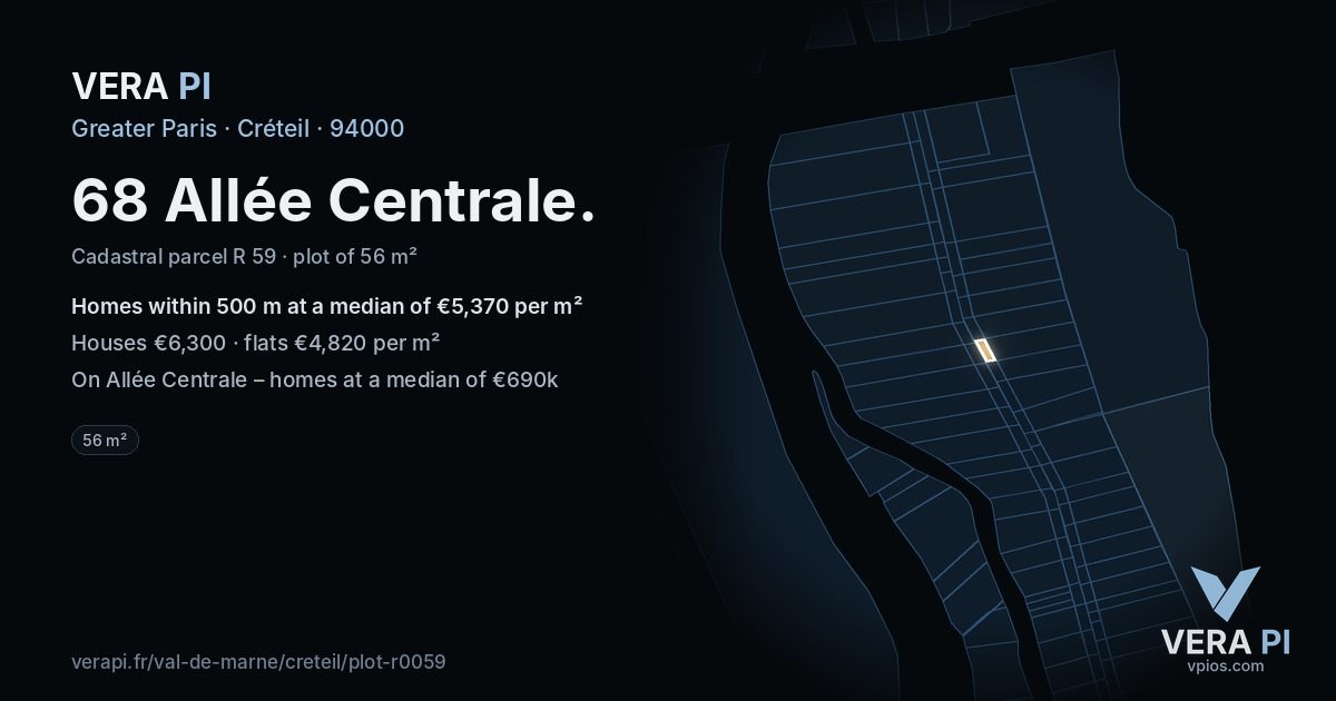68 Allée Centrale, Créteil at night – the plot lit, the parcels around coloured by the prices near them