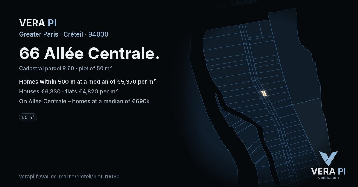 66 Allée Centrale, Créteil at night – the plot lit, the parcels around coloured by the prices near them