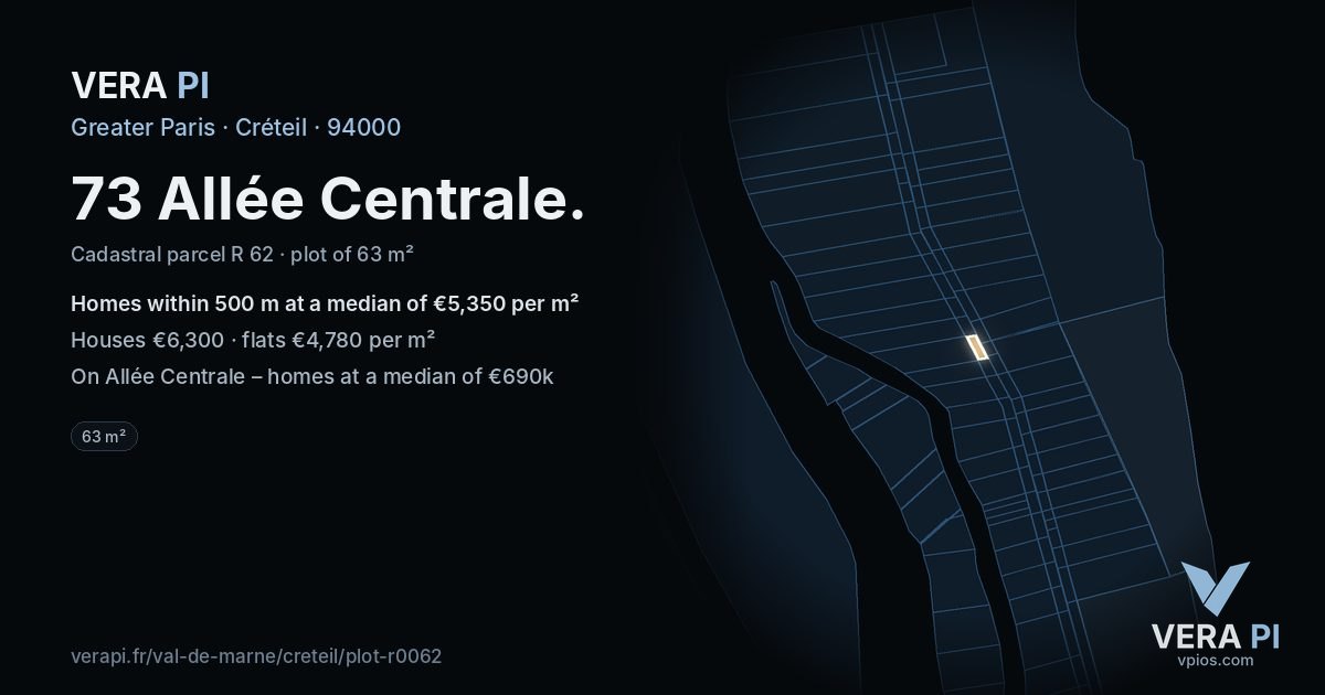 73 Allée Centrale, Créteil at night – the plot lit, the parcels around coloured by the prices near them