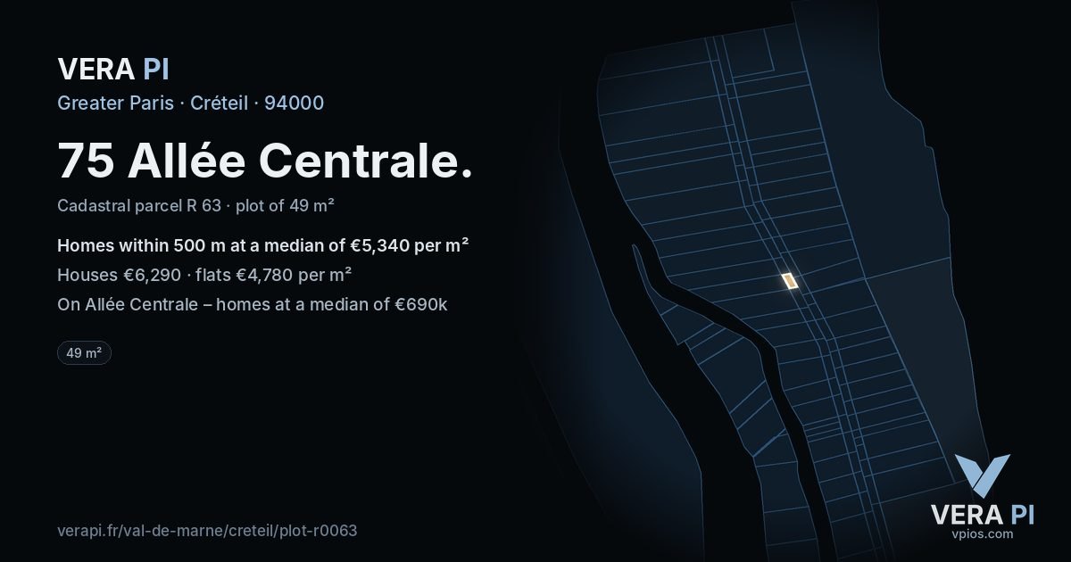 75 Allée Centrale, Créteil at night – the plot lit, the parcels around coloured by the prices near them