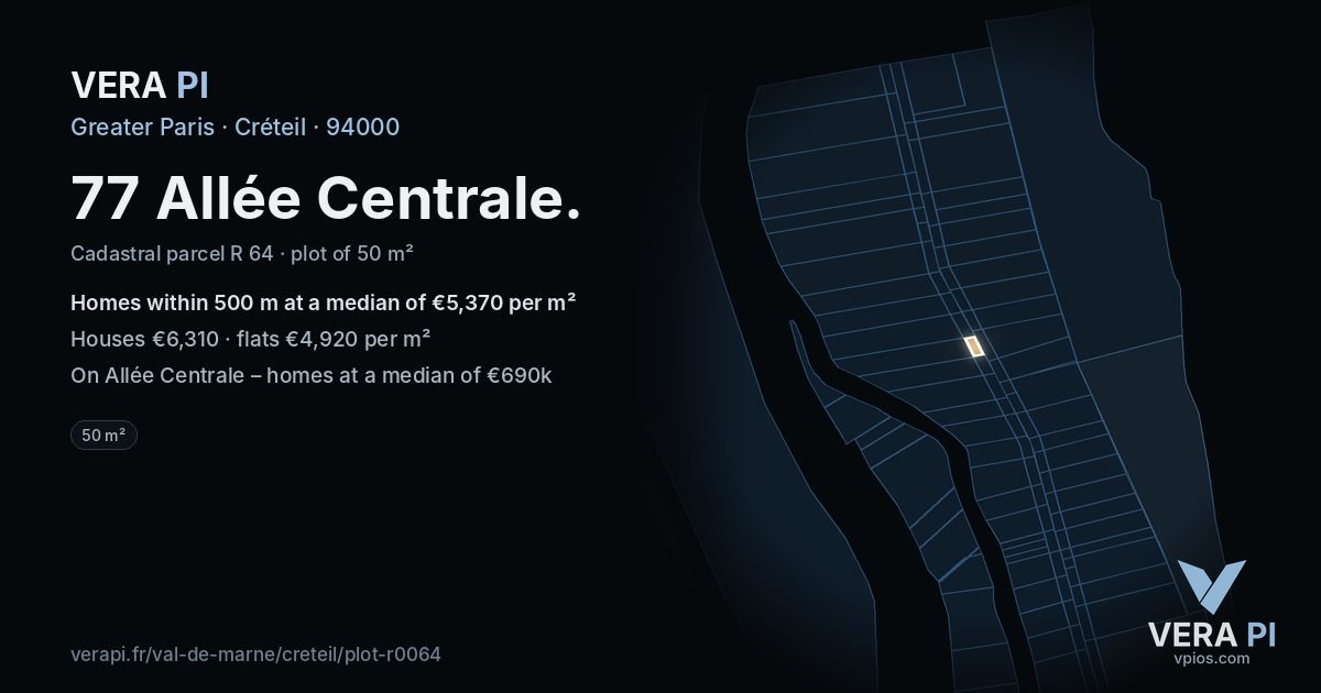 77 Allée Centrale, Créteil at night – the plot lit, the parcels around coloured by the prices near them