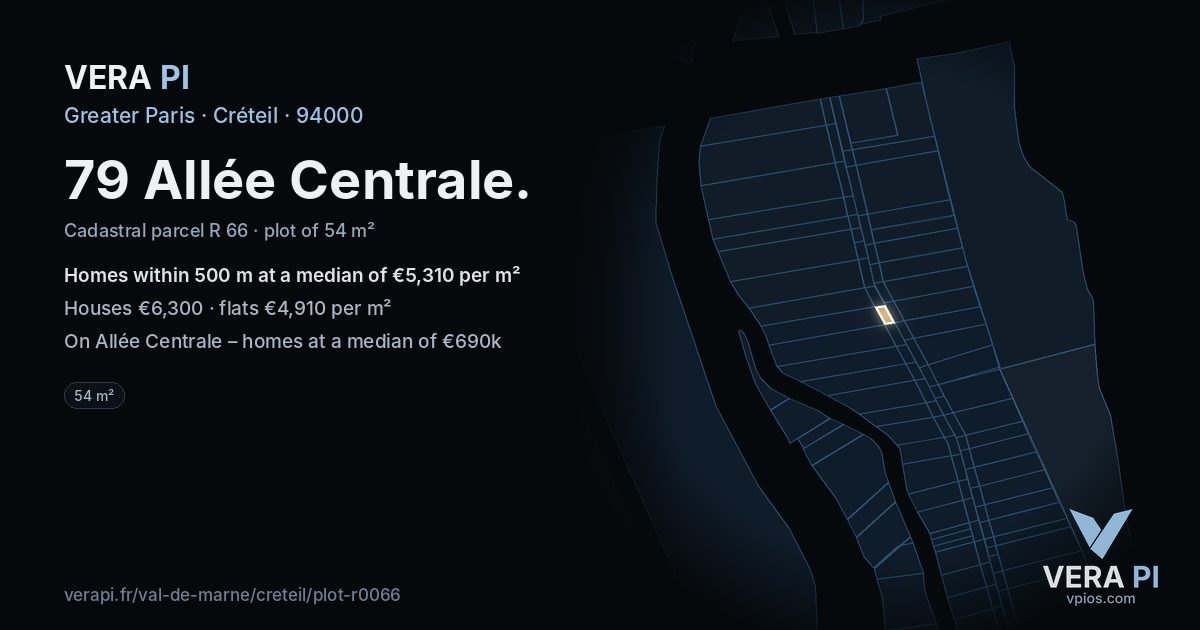 79 Allée Centrale, Créteil at night – the plot lit, the parcels around coloured by the prices near them