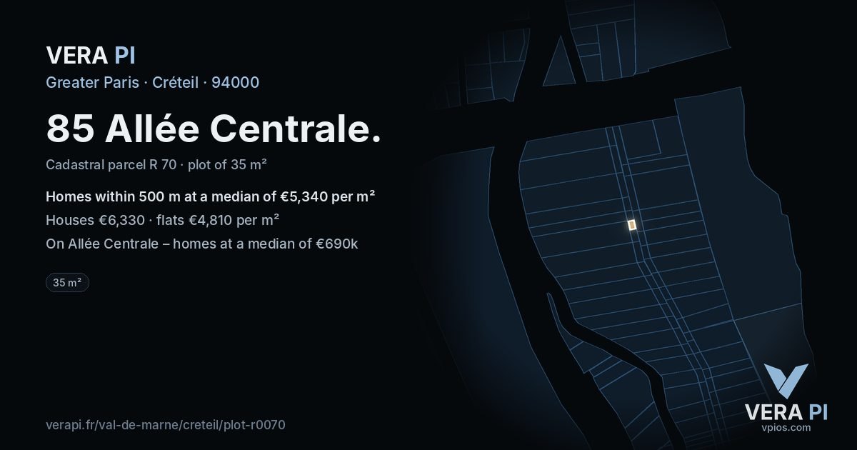 85 Allée Centrale, Créteil at night – the plot lit, the parcels around coloured by the prices near them