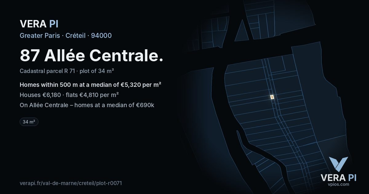 87 Allée Centrale, Créteil at night – the plot lit, the parcels around coloured by the prices near them