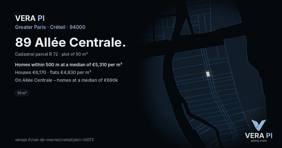 89 Allée Centrale, Créteil at night – the plot lit, the parcels around coloured by the prices near them