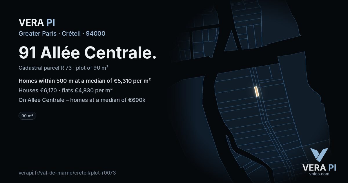 91 Allée Centrale, Créteil at night – the plot lit, the parcels around coloured by the prices near them