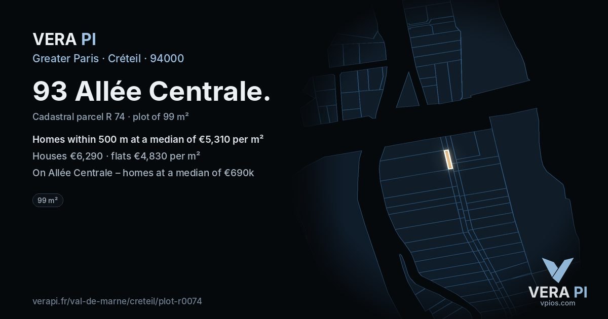 93 Allée Centrale, Créteil at night – the plot lit, the parcels around coloured by the prices near them