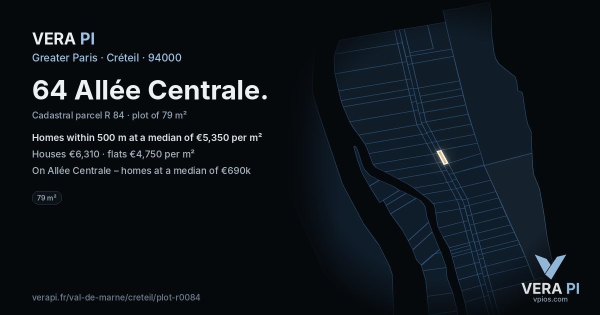 64 Allée Centrale, Créteil at night – the plot lit, the parcels around coloured by the prices near them
