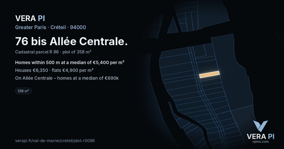 76 bis Allée Centrale, Créteil at night – the plot lit, the parcels around coloured by the prices near them