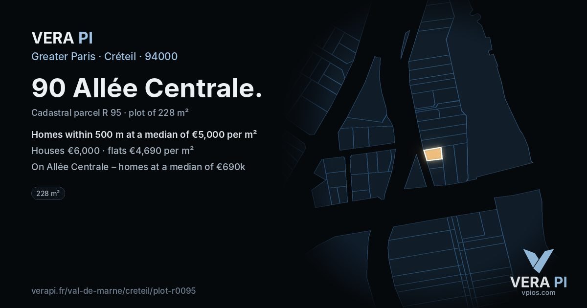 90 Allée Centrale, Créteil at night – the plot lit, the parcels around coloured by the prices near them
