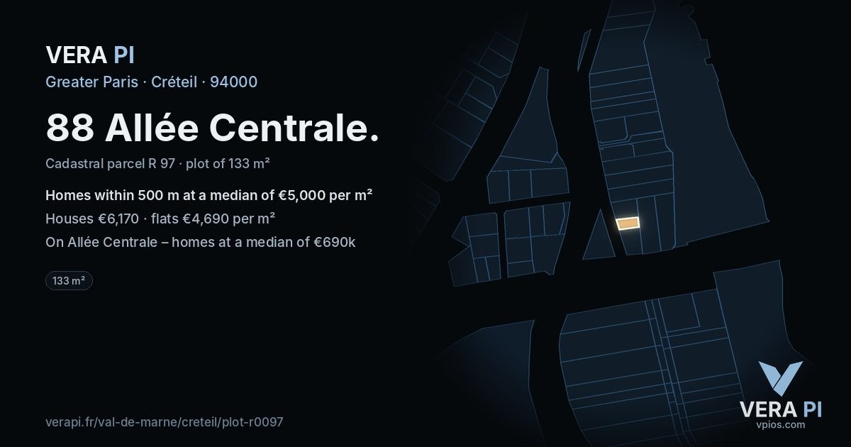 88 Allée Centrale, Créteil at night – the plot lit, the parcels around coloured by the prices near them