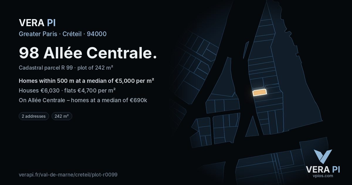 98 Allée Centrale, Créteil at night – the plot lit, the parcels around coloured by the prices near them