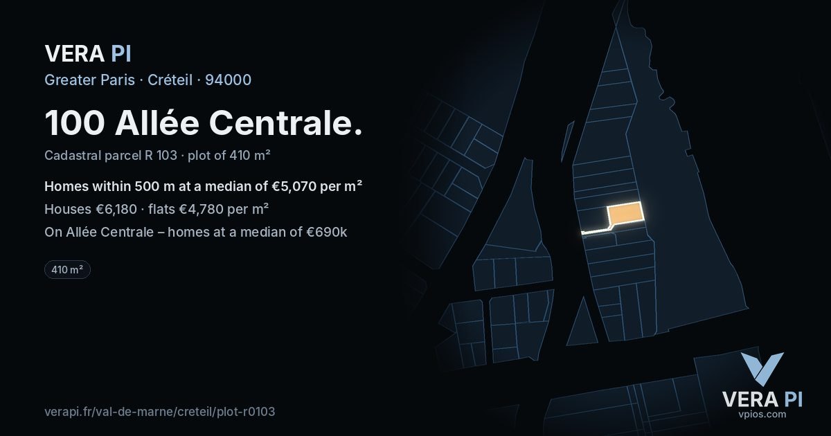 100 Allée Centrale, Créteil at night – the plot lit, the parcels around coloured by the prices near them