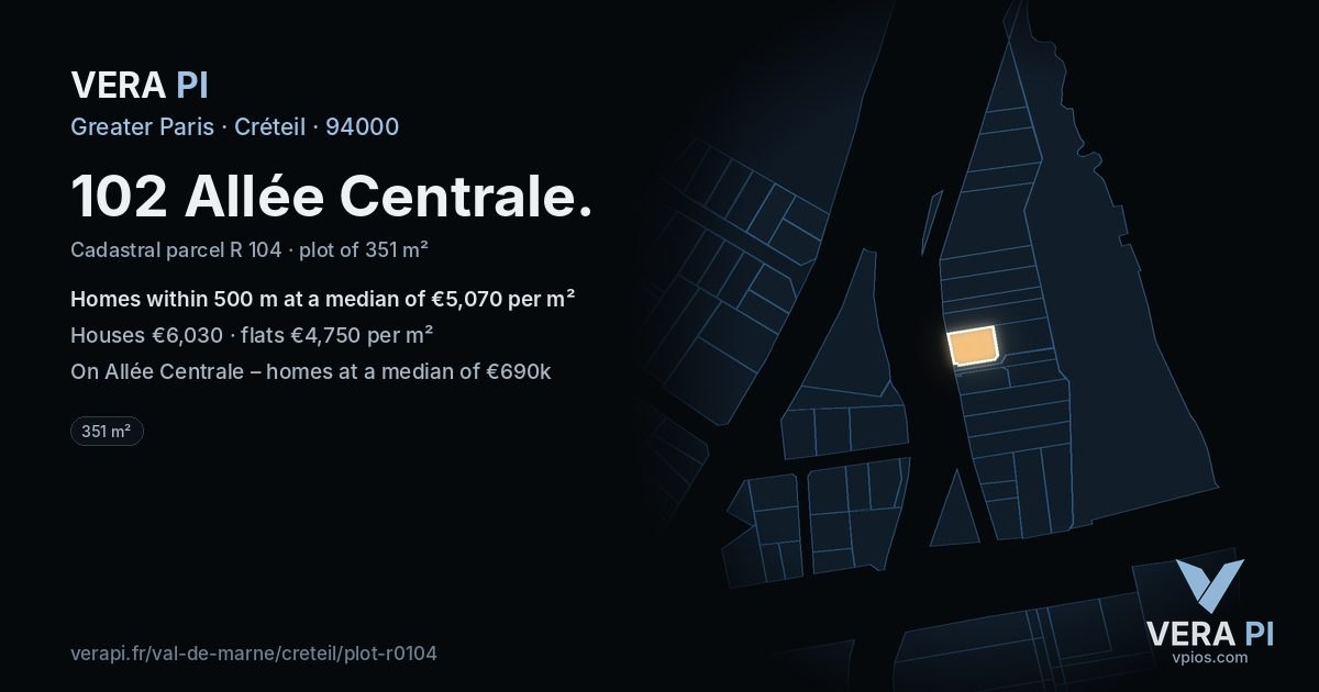 102 Allée Centrale, Créteil at night – the plot lit, the parcels around coloured by the prices near them