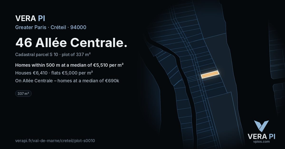 46 Allée Centrale, Créteil at night – the plot lit, the parcels around coloured by the prices near them