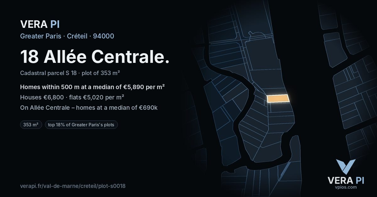 18 Allée Centrale, Créteil at night – the plot lit, the parcels around coloured by the prices near them