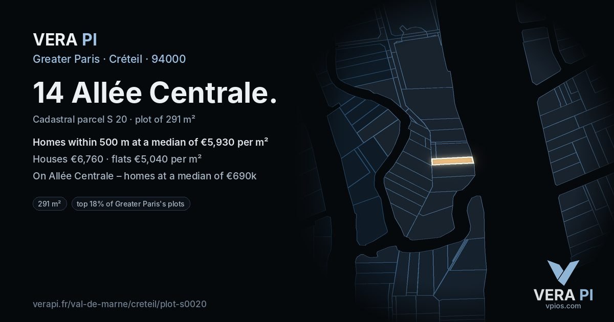 14 Allée Centrale, Créteil at night – the plot lit, the parcels around coloured by the prices near them