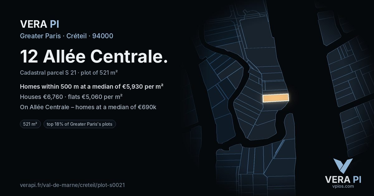 12 Allée Centrale, Créteil at night – the plot lit, the parcels around coloured by the prices near them