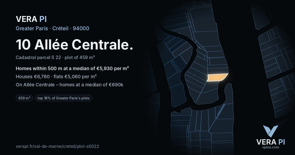 10 Allée Centrale, Créteil at night – the plot lit, the parcels around coloured by the prices near them