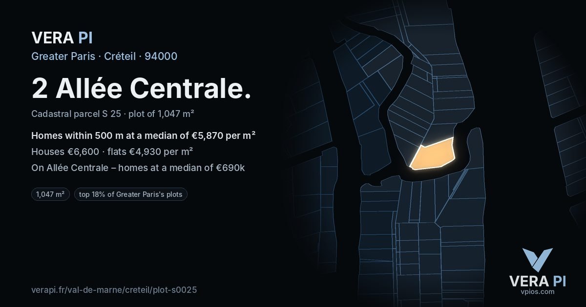 2 Allée Centrale, Créteil at night – the plot lit, the parcels around coloured by the prices near them