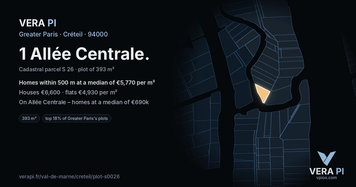 1 Allée Centrale, Créteil at night – the plot lit, the parcels around coloured by the prices near them