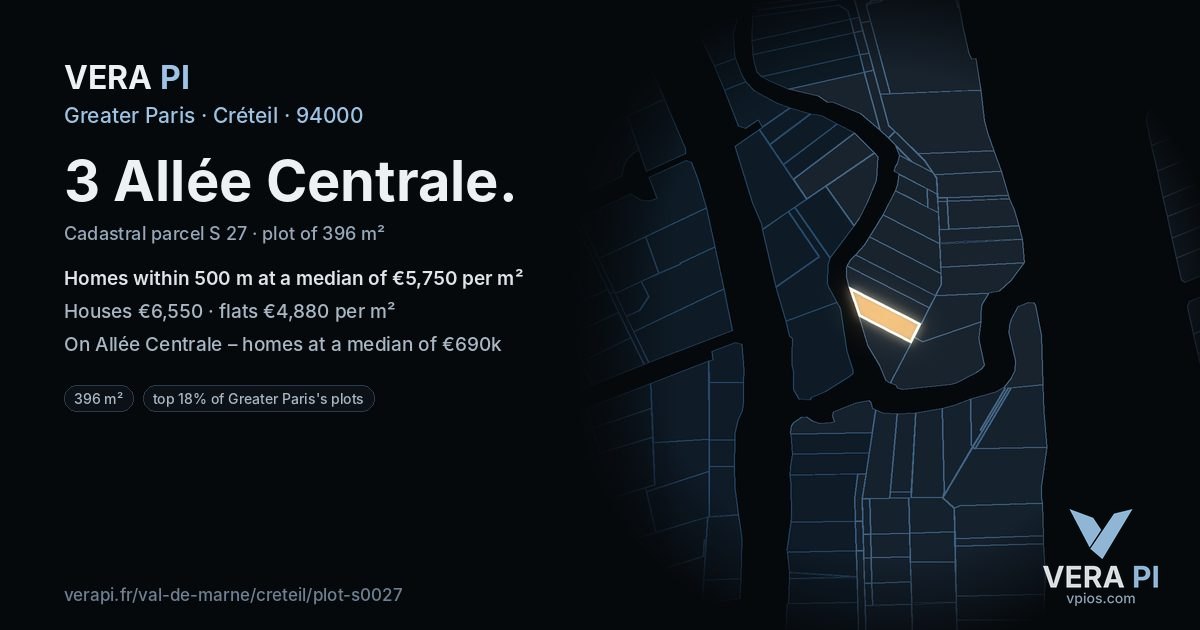 3 Allée Centrale, Créteil at night – the plot lit, the parcels around coloured by the prices near them
