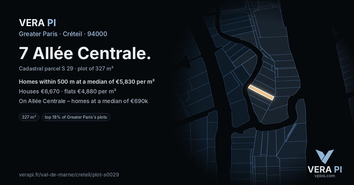 7 Allée Centrale, Créteil at night – the plot lit, the parcels around coloured by the prices near them