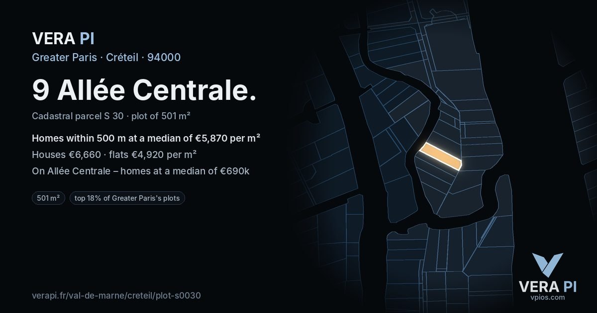 9 Allée Centrale, Créteil at night – the plot lit, the parcels around coloured by the prices near them