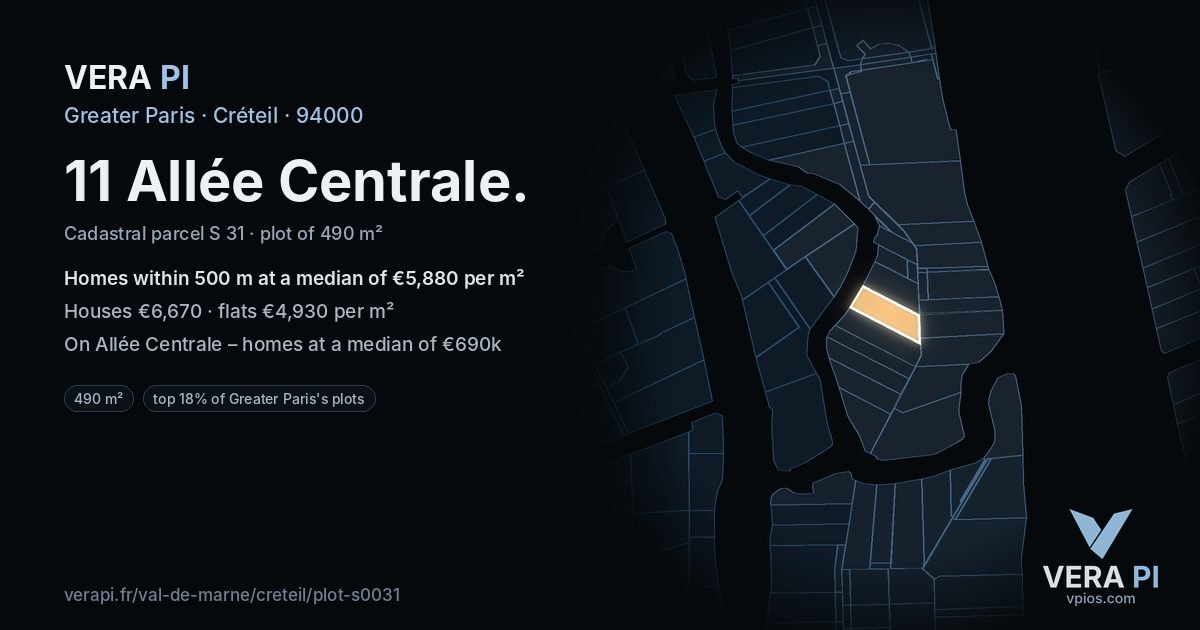 11 Allée Centrale, Créteil at night – the plot lit, the parcels around coloured by the prices near them