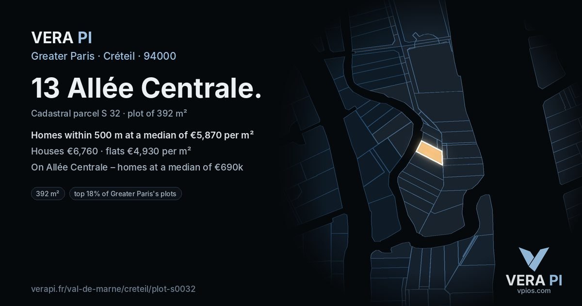 13 Allée Centrale, Créteil at night – the plot lit, the parcels around coloured by the prices near them