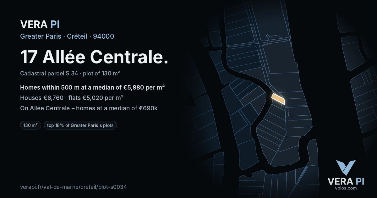 17 Allée Centrale, Créteil at night – the plot lit, the parcels around coloured by the prices near them