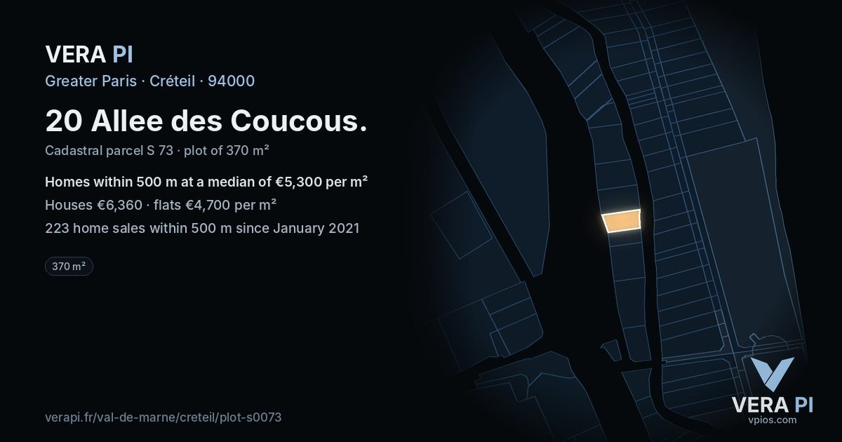 20 Allee des Coucous, Créteil at night – the plot lit, the parcels around coloured by the prices near them