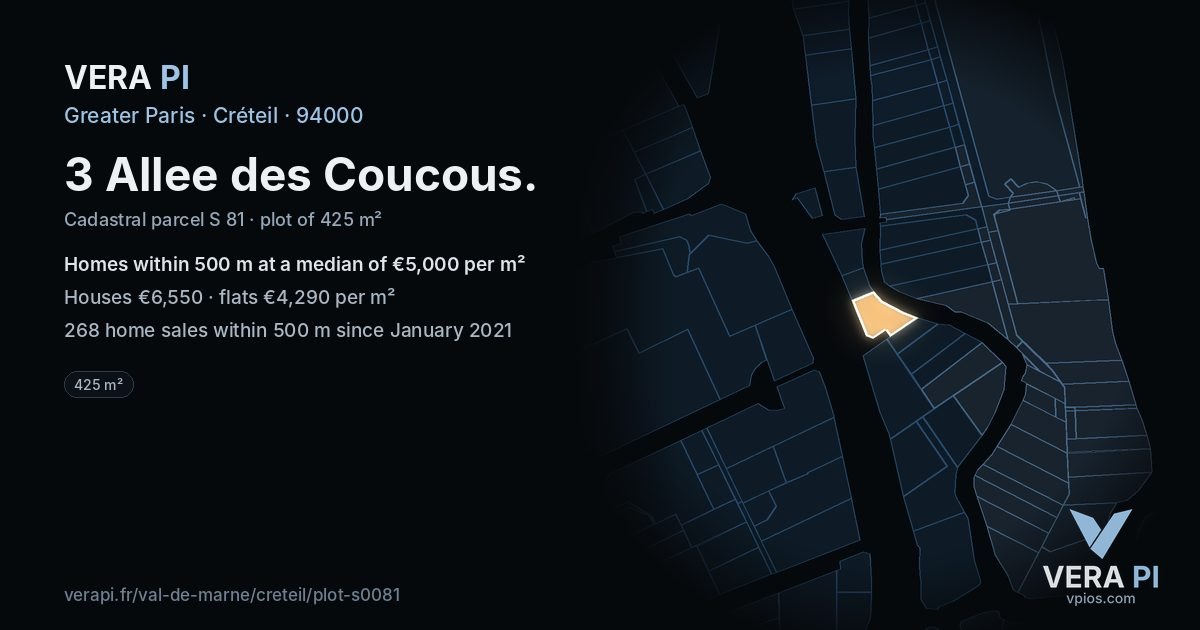 3 Allee des Coucous, Créteil at night – the plot lit, the parcels around coloured by the prices near them