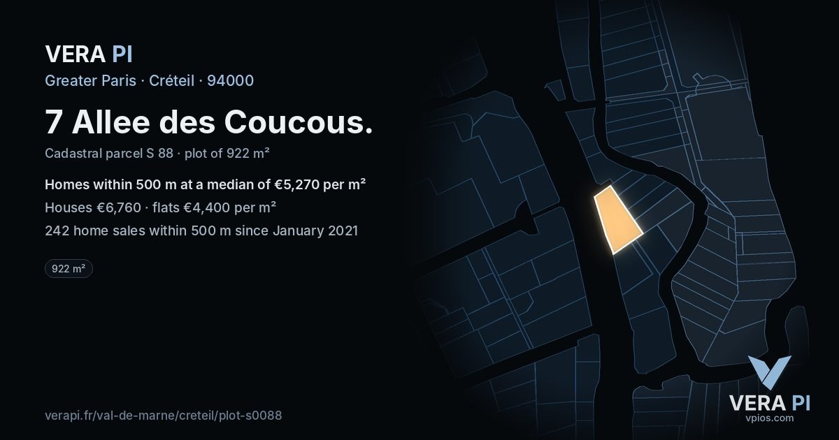 7 Allee des Coucous, Créteil at night – the plot lit, the parcels around coloured by the prices near them