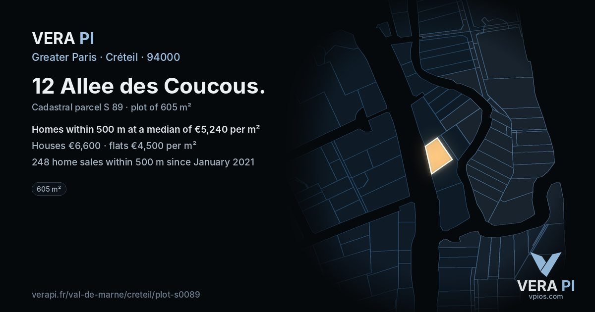 12 Allee des Coucous, Créteil at night – the plot lit, the parcels around coloured by the prices near them