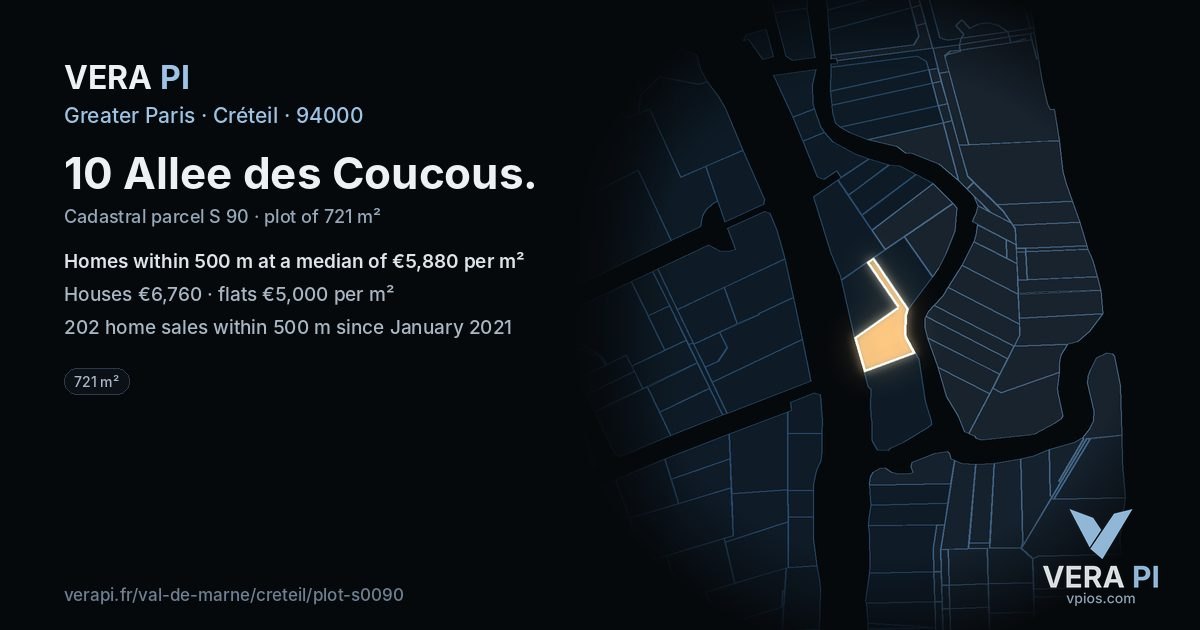 10 Allee des Coucous, Créteil at night – the plot lit, the parcels around coloured by the prices near them